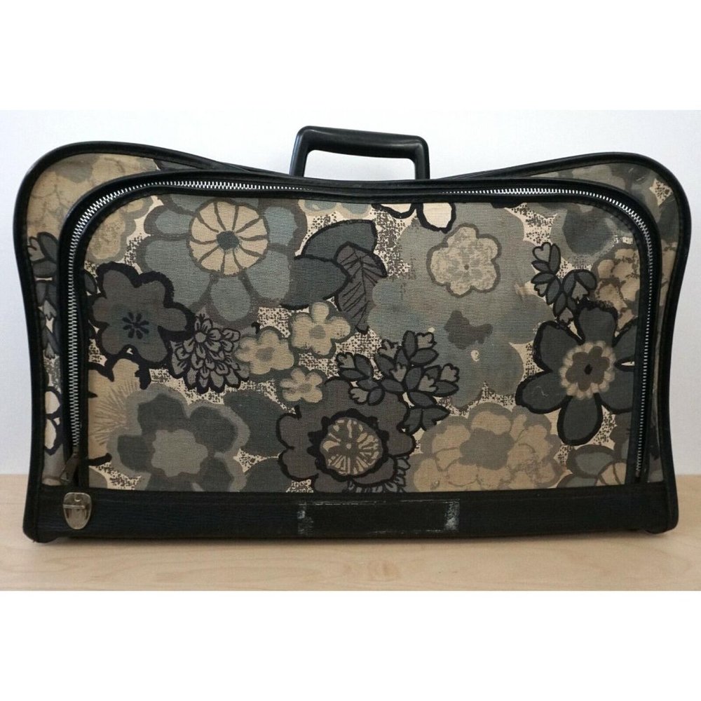 Vintage Decorative Zip Up Black Gray Floral Home Living Room Decor Suitcase Bag